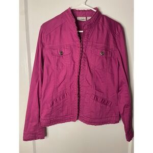 Chico's Platinum Ruffle Trim Jacket Size 1 Magenta Cotton Blend medium‎